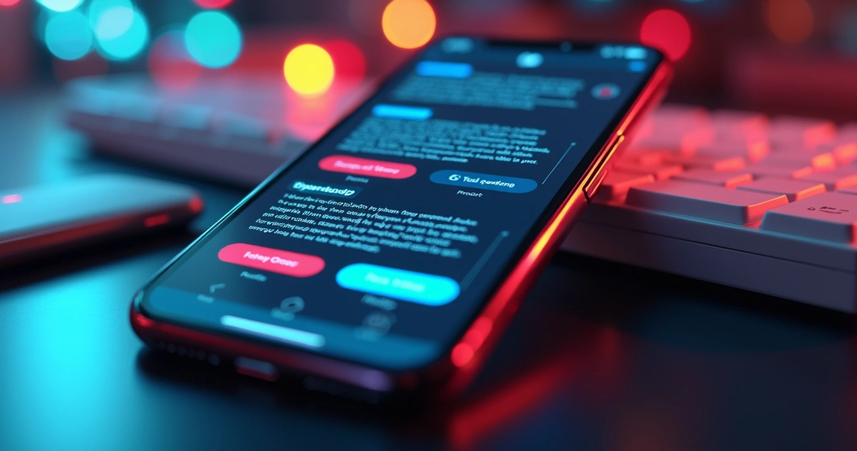 Tela de smartphone exibindo um aplicativo moderno com microcopy claro e chamativo para aumentar conversões, elementos de interface como botões e textos de instrução destacados em cores vibrantes, ambiente tecnológico ao fundo, luz suave e detalhes ultra-realistas 