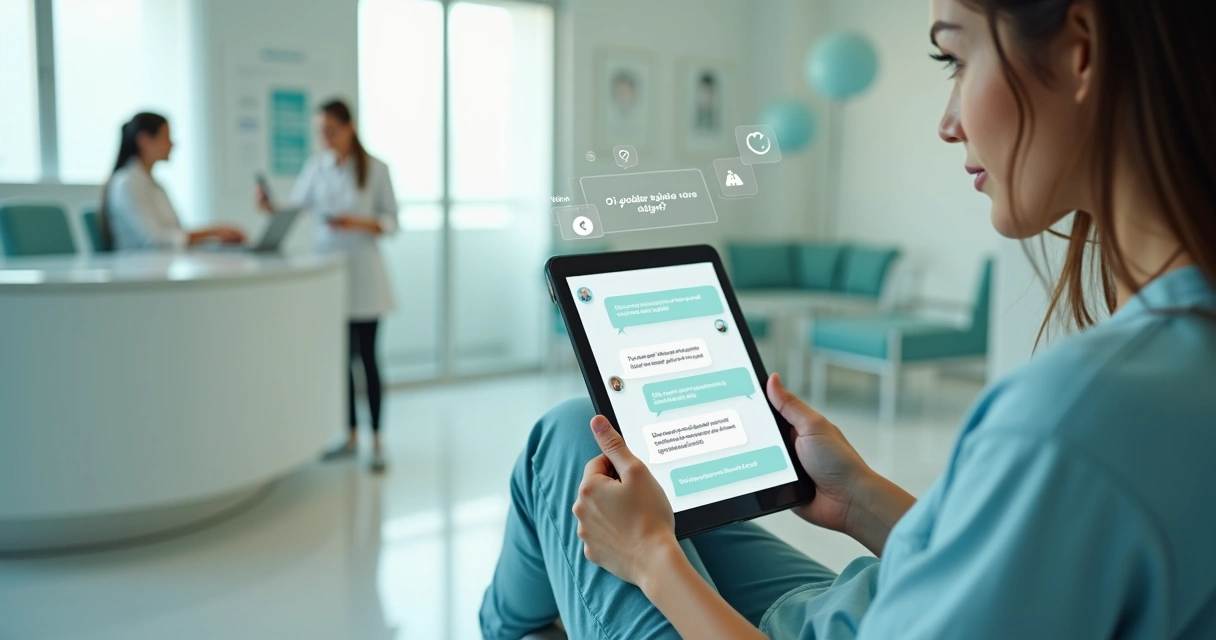 Paciente lendo mensagem curta em tablet dentro de clínica moderna 