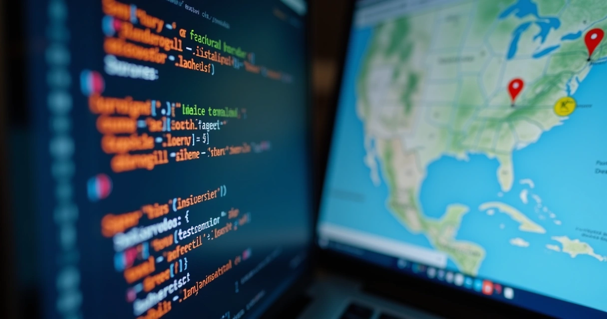 Trecho de código HTML com microdados para endereço e telefone, ao lado de mapa e resultados de busca