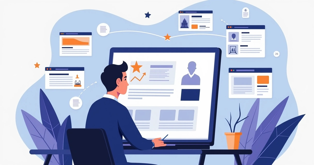 Ilustração de landing page com microdados em destaque e resultados de busca enriquecidos 