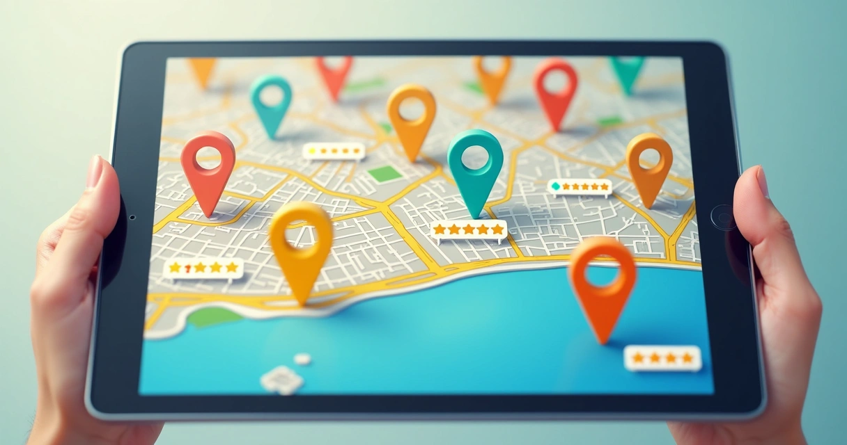 Mapa digital com marcadores de empresas conectados a informações detalhadas e avaliações de clientes