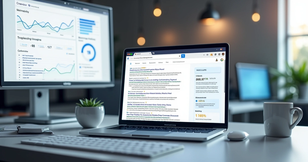 Dashboard de SEO mostrando landing page com rich snippets na busca do Google 