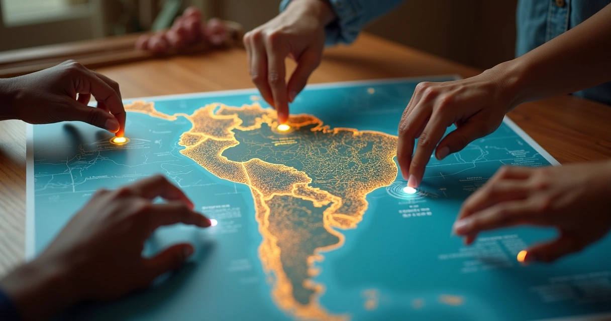 Manos diversas pulsando interruptores pequeños sobre un mapa del país iluminado 