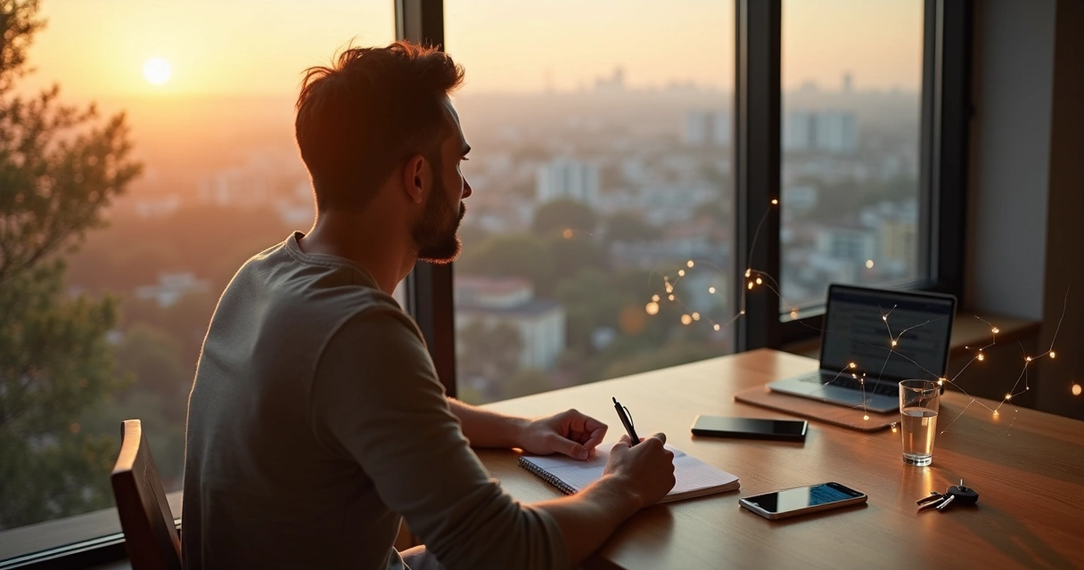 Persona eligiendo entre varias pequeñas opciones conectadas por líneas luminosas 