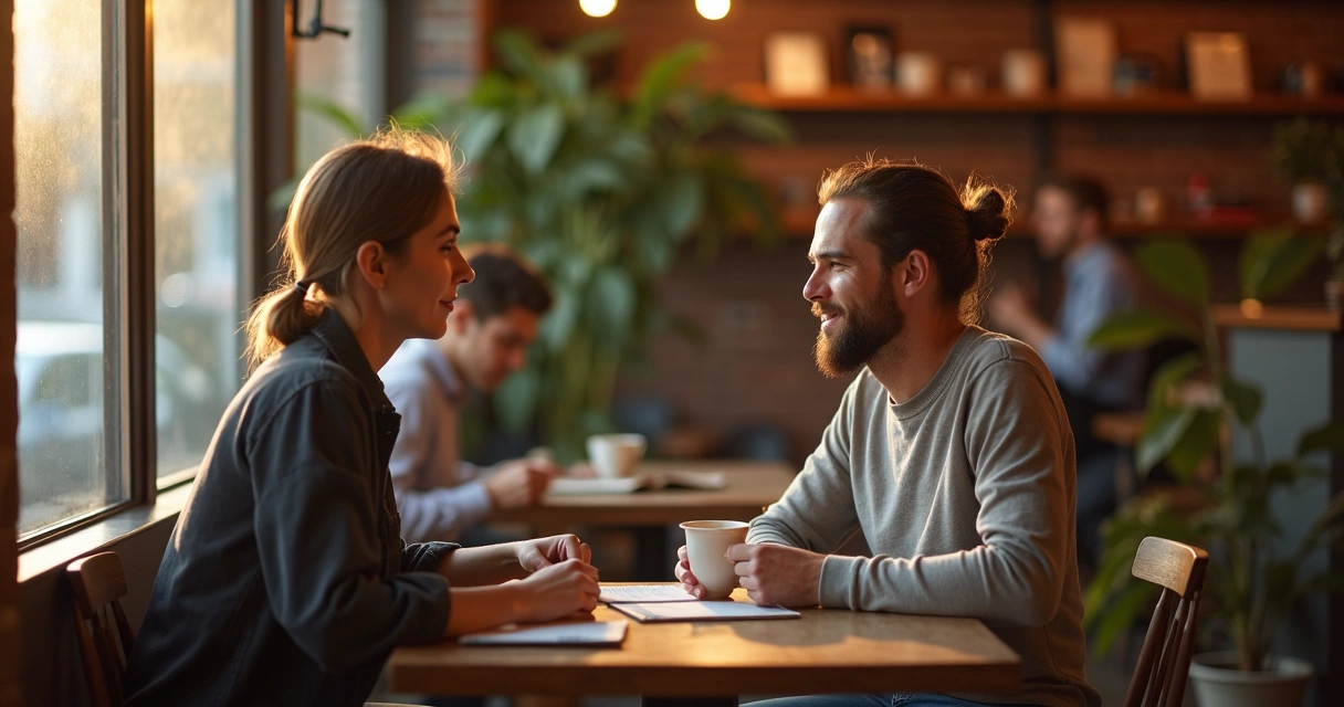 Dos personas conversando en silencio en un café mientras una tercera observa sus gestos desde el fondo 