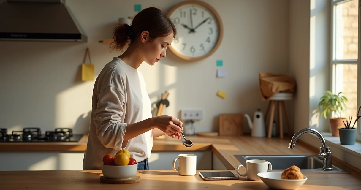 Persona vigilando un pequeño gesto automático al preparar café en la cocina 
