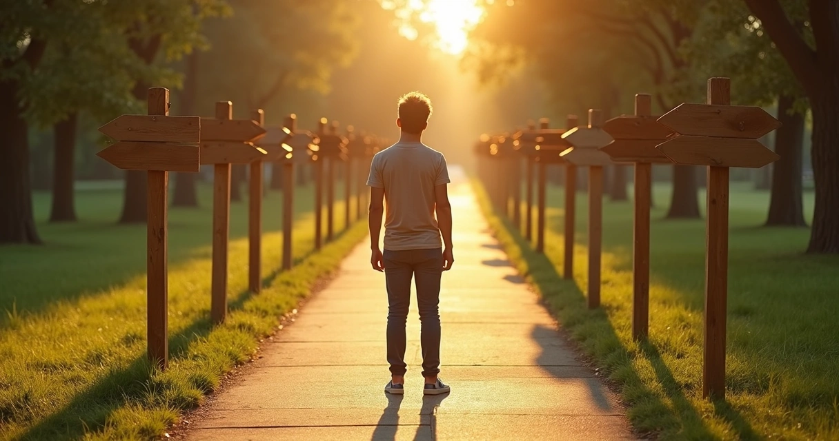 Person standing at a branching path with many small directional signs 