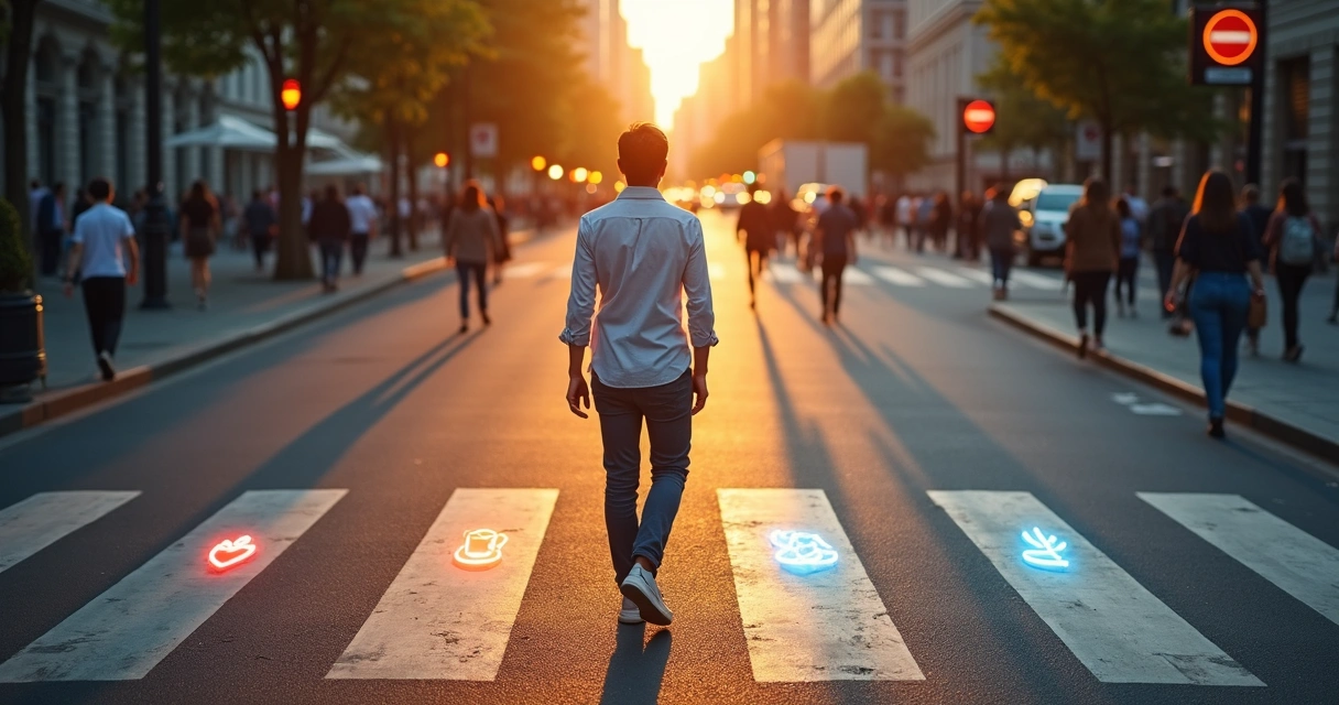 Pessoa escolhe com calma entre dois caminhos em cruzamento urbano ao amanhecer 
