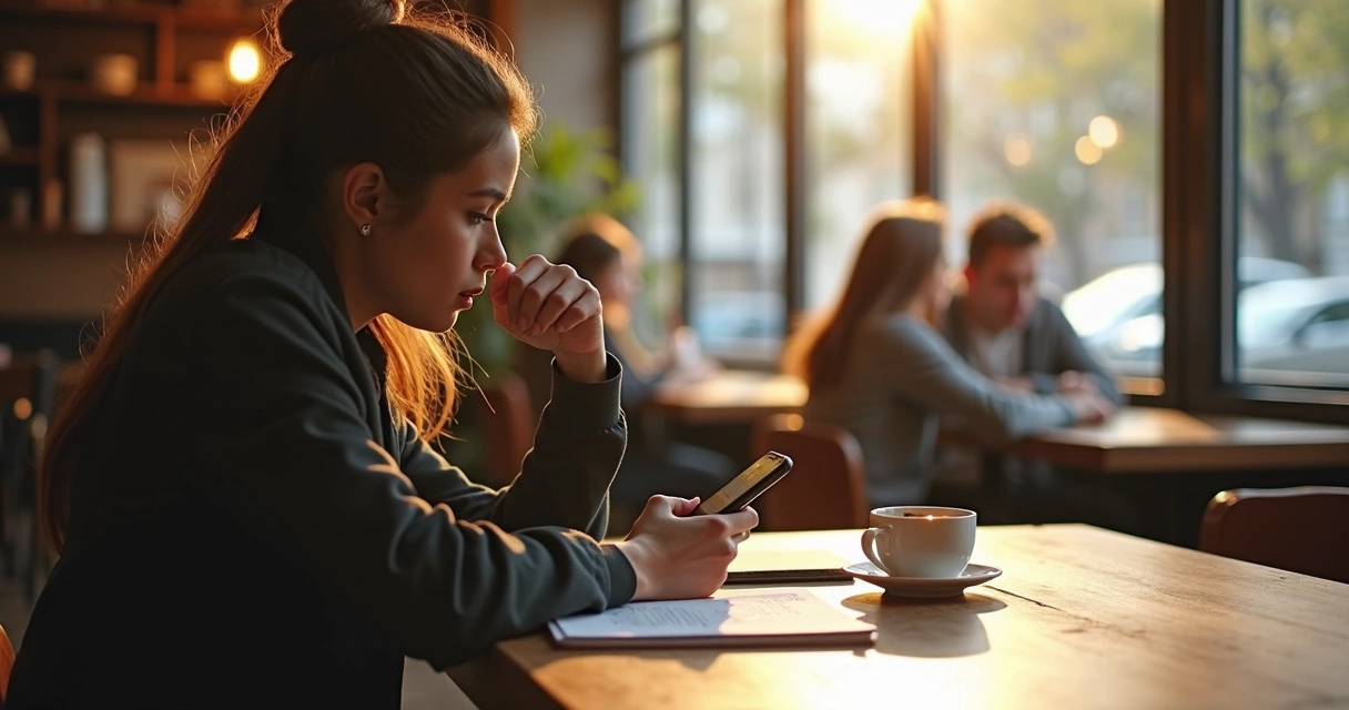 Pessoa refletindo em uma cafeteria, olhando para o celular sobre a mesa. 