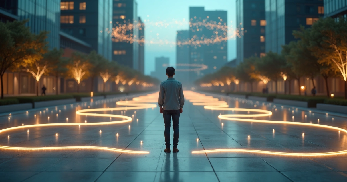 Pessoa diante de vários caminhos iluminados representando microdecisões e ciclos comportamentais 