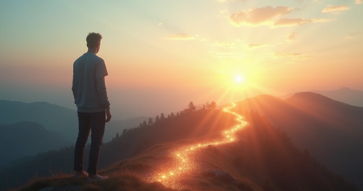 Pessoa em encruzilhada observando pequenos caminhos iluminados 