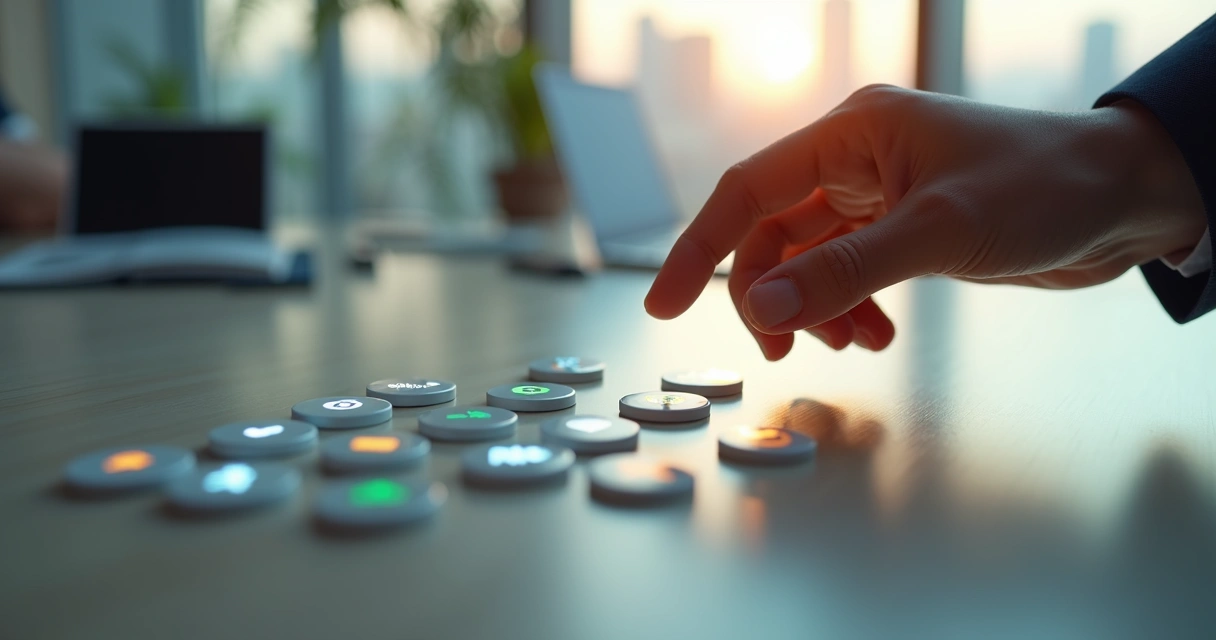 Mão prestes a escolher entre botões luminosos representando decisões no trabalho 
