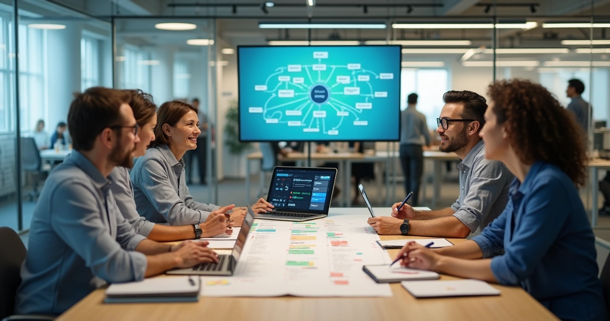 Gestores em reunião analisando pequenas decisões no fluxo de trabalho diário 