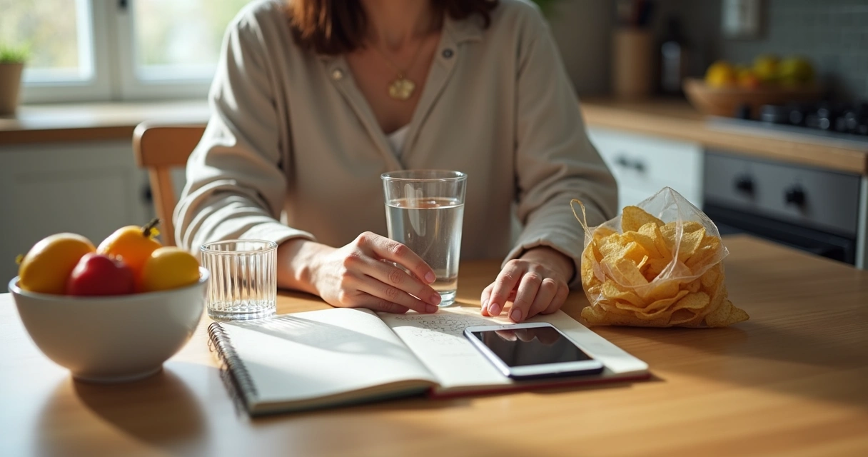 Pessoa sentada à mesa escolhendo entre pequenas ações saudáveis e não saudáveis no dia a dia 