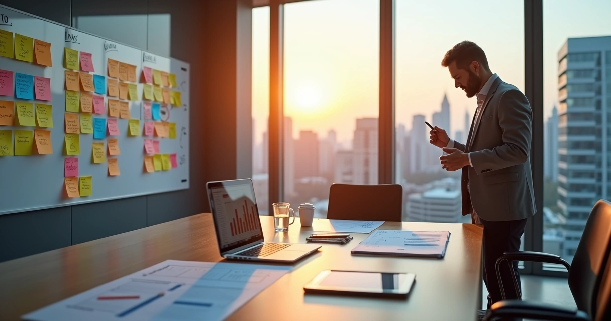 Gestor ajustando pequenas tarefas em quadro de projeto com gráficos ao fundo 