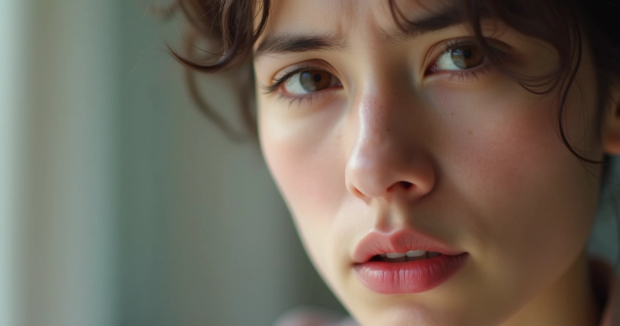 Rosto de uma pessoa em close, mostrando detalhes de uma microexpressão facial sutil, iluminação suave destacando o rosto. 