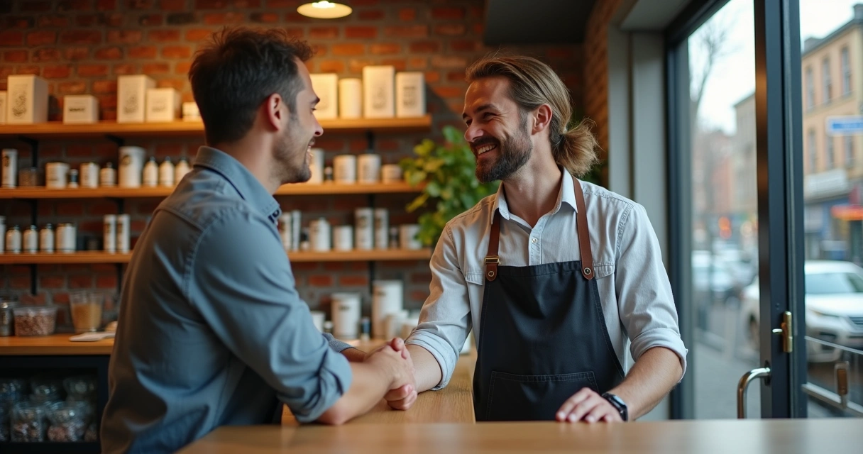 Microempreendedor atendendo cliente com sorriso e aperto de mão