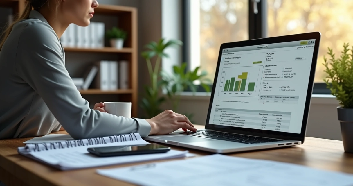 Microempreendedor trabalhando em escritório moderno com computador e documentos fiscais eletrônicos na tela 