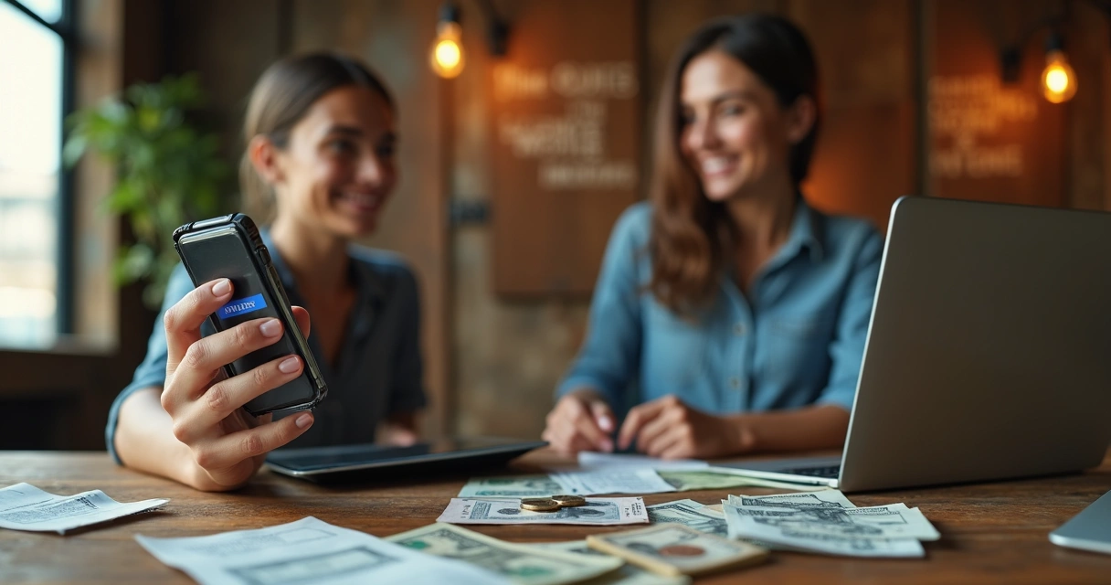 Microempreendedor usando celular para receber Pix e tablet exibindo boleto bancário em mesa de madeira 