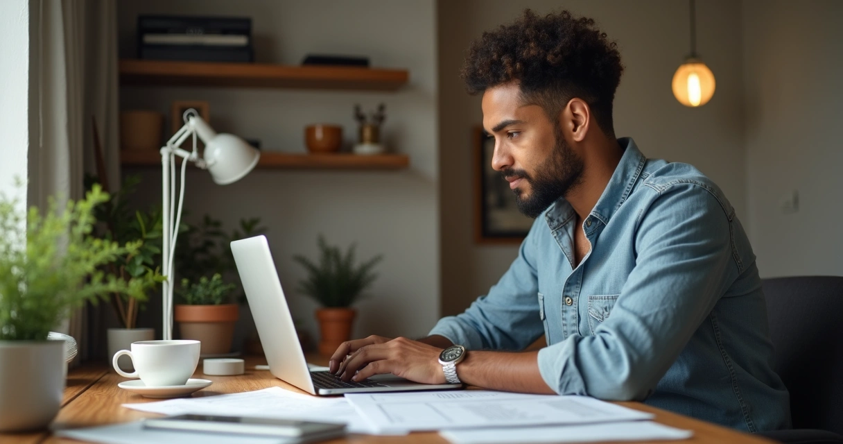 Microempreendedor preenchendo registro de marca em escritório pequeno 