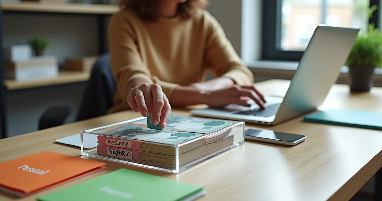 Microempreendedor organizando dinheiro pessoal e do negócio em divisórias separadas 