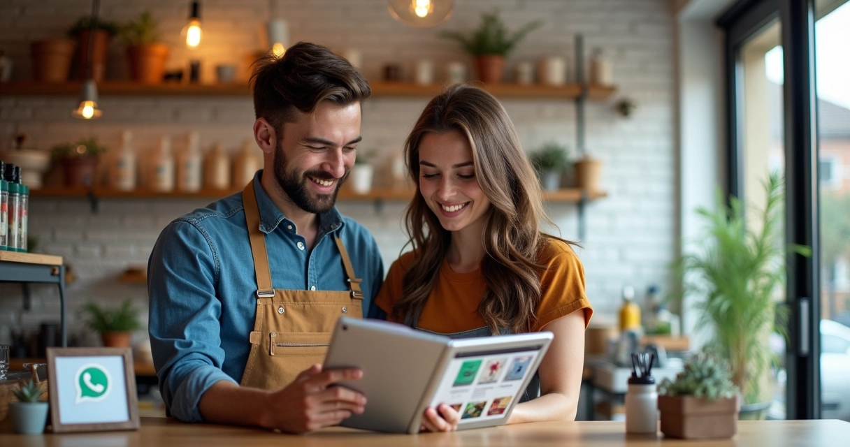 Microempreendedores usando catálogo digital em loja 