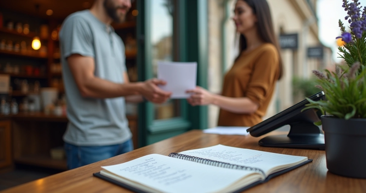 Frente de uma pequena loja com proprietário entregando formulário a cliente na porta 