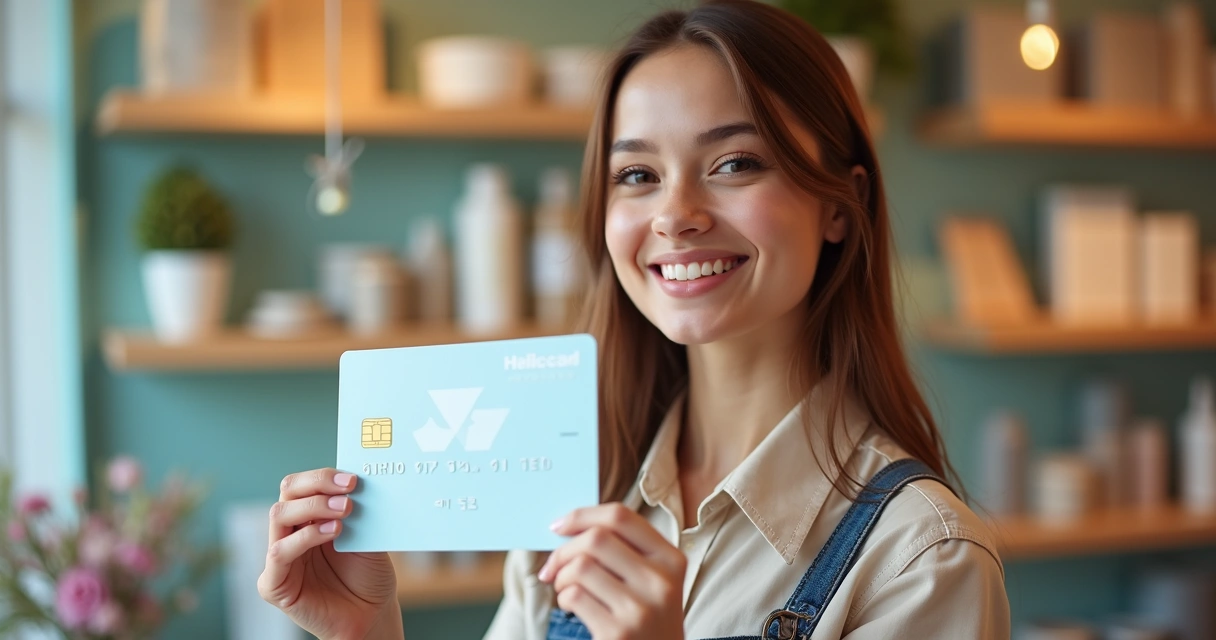 Pequena empresária sorrindo ao receber aprovação de cartão de crédito 