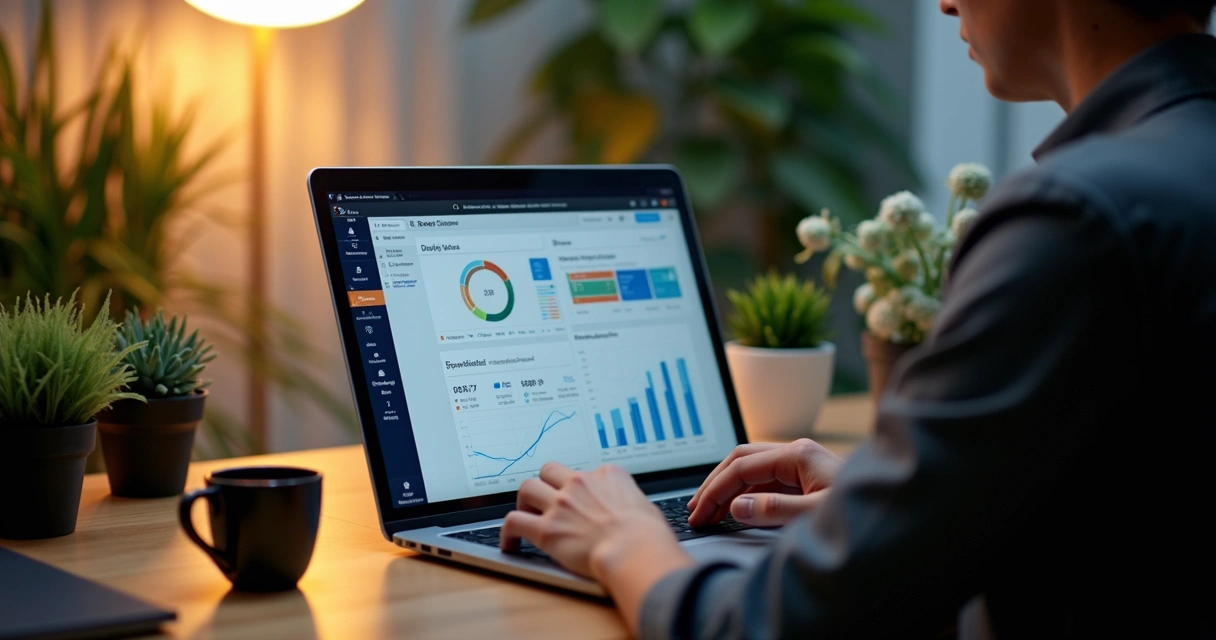 Pessoa usando computador com gráficos e painel de negócios