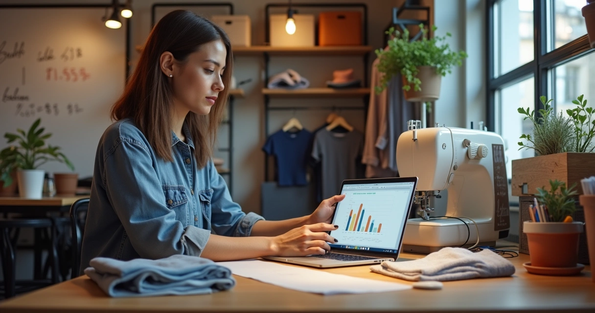 Microempresa de confecção analisando vendas em planilhas 