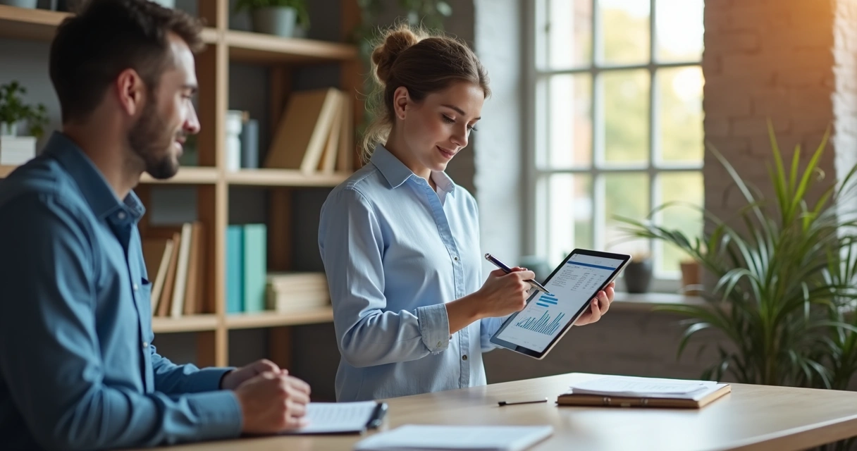 Gestor de pequena empresa olhando painel digital simplificado