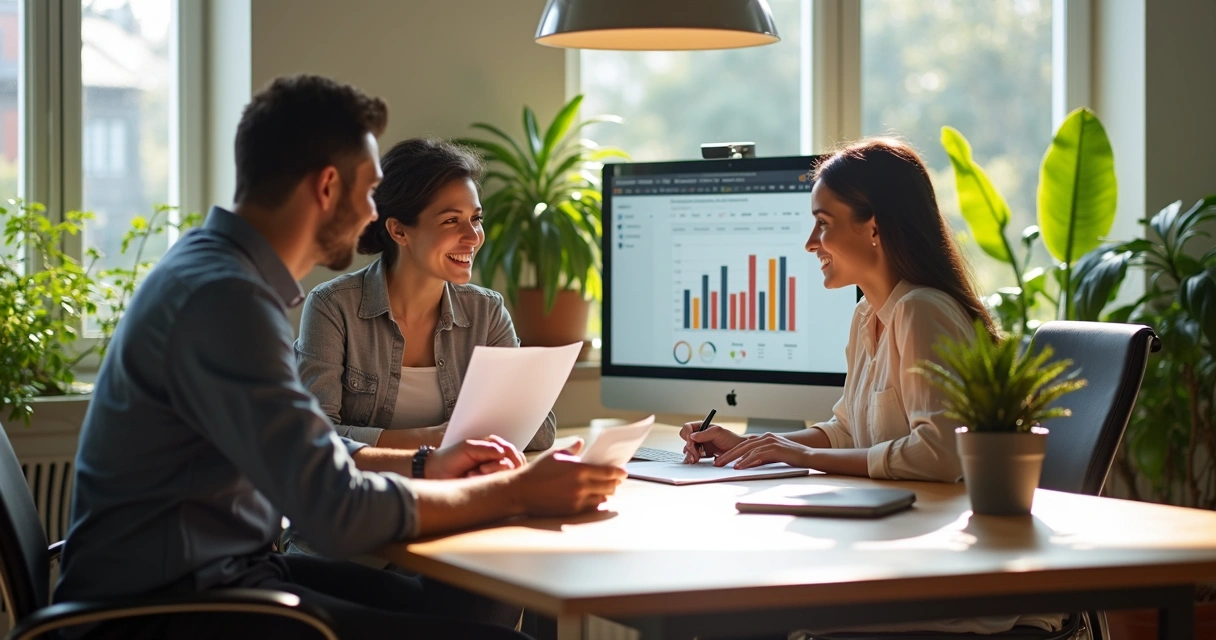 Equipe de escritório reunida ao redor de uma mesa com computador e documentos 