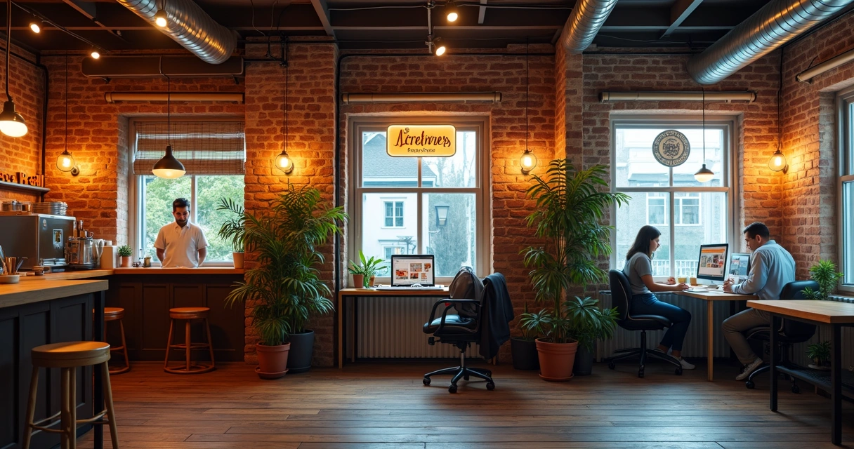 Três negócios: restaurante, e-commerce, escritório de serviços lado a lado 