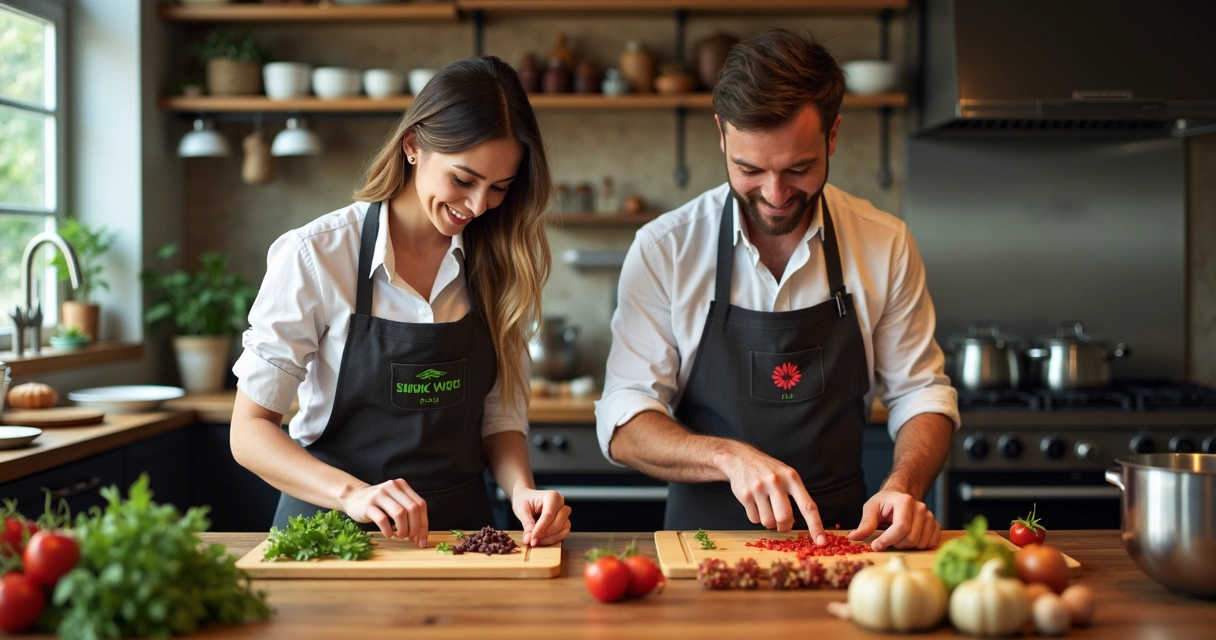 Dois microempresários cozinhando lado a lado em estação compartilhada