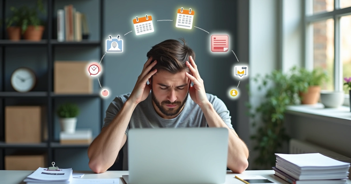 Pessoa em ambiente de trabalho com muitas pequenas fontes de pressão ao redor da cabeça 