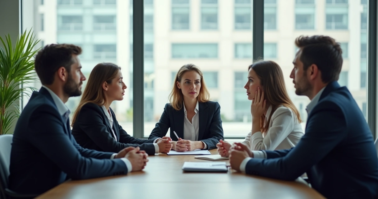 Pessoas sentadas ao redor de uma mesa de reunião, olhando umas para as outras e expressando diferentes emoções suaves no rosto. 
