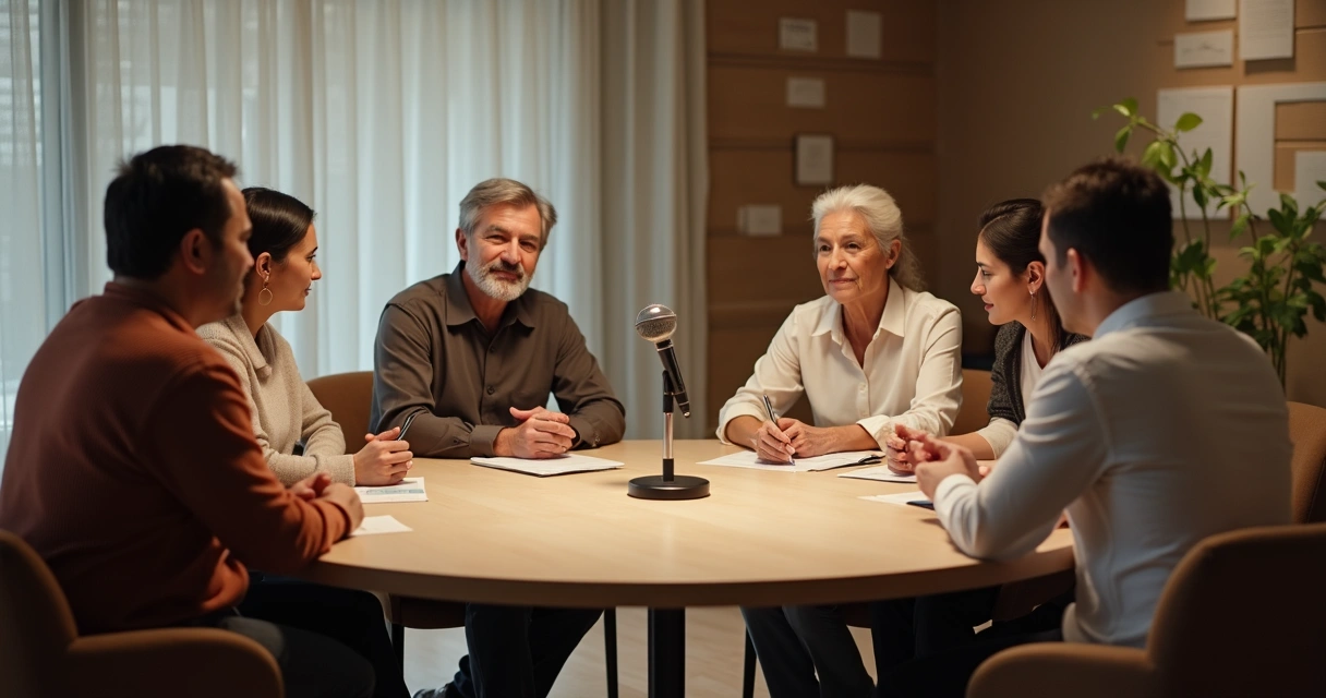 Grupo de pessoas formando círculo ao redor de microfone em mesa redonda.