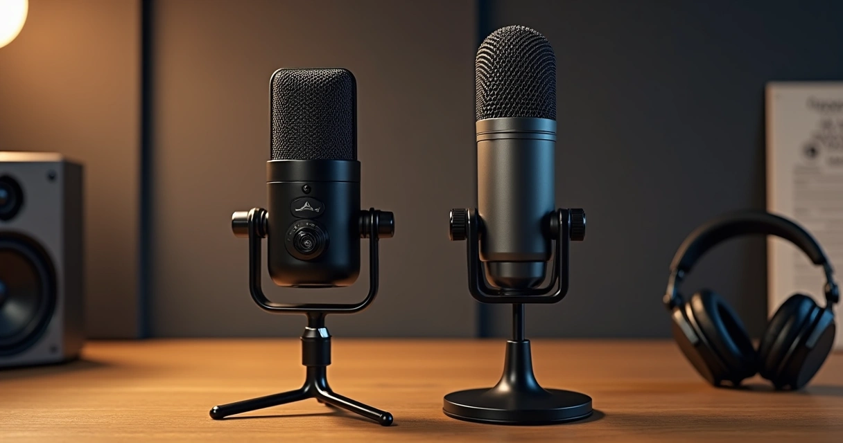 Microfone condensador e microfone dinâmico lado a lado 