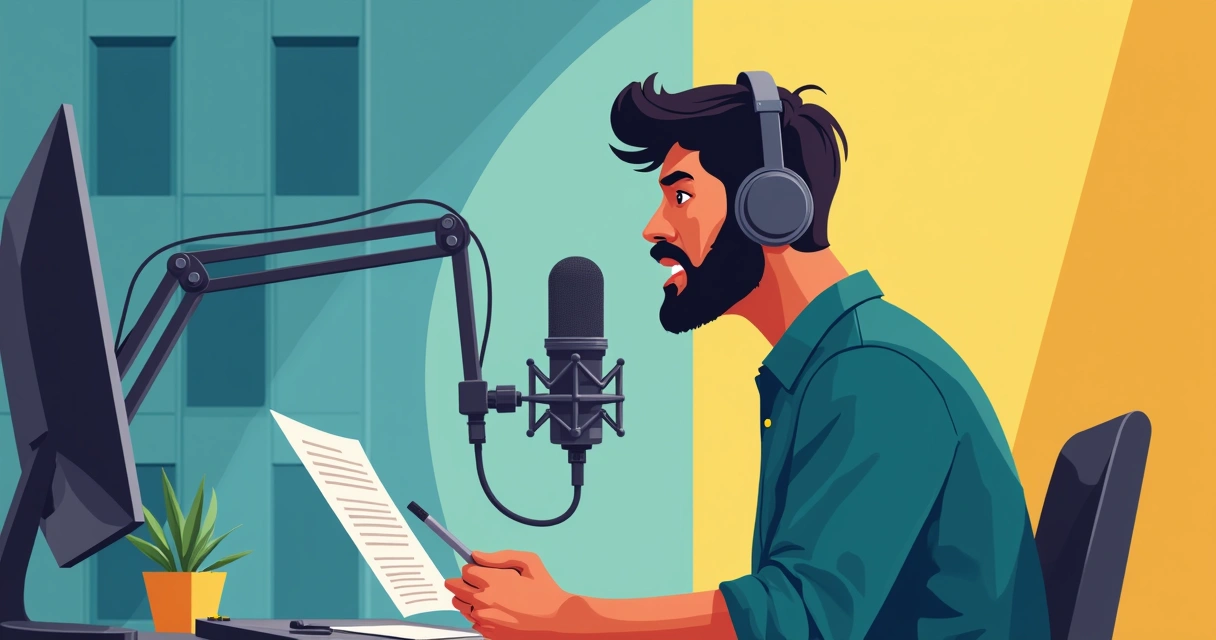 Dublador brasileiro em estúdio gravando voz para série clássica 