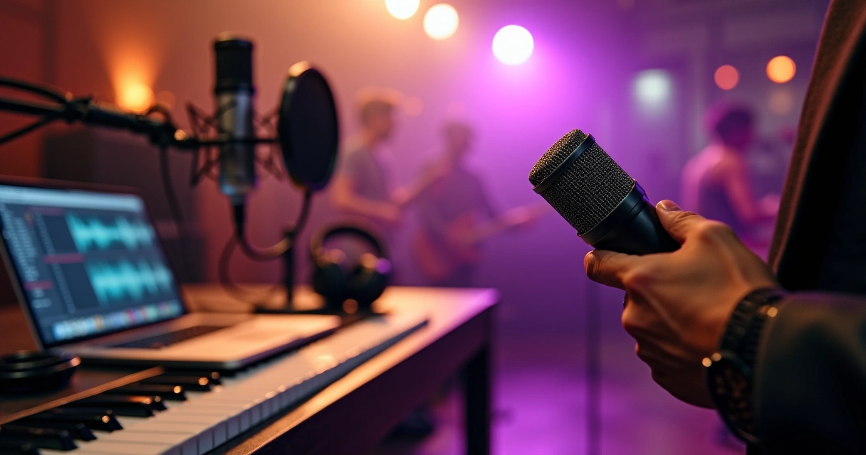 Cantor segurando microfone em palco com estúdio de gravação ao fundo 