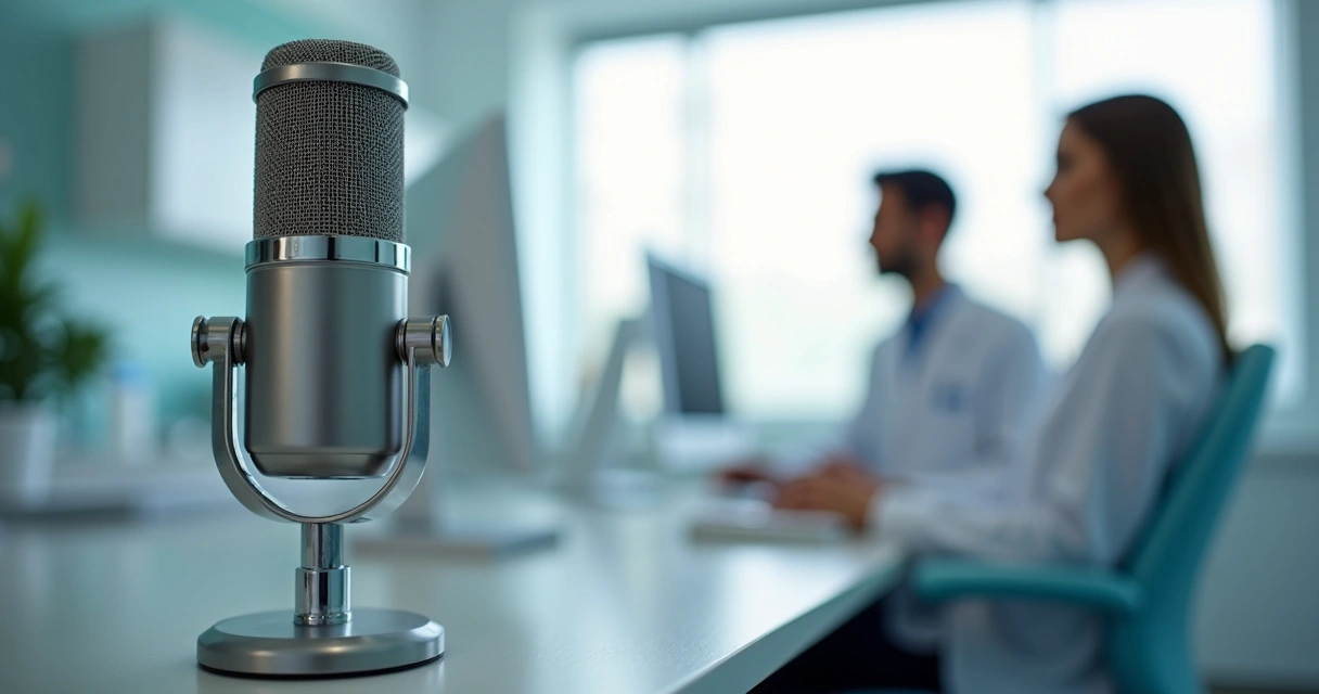 Microfone de podcast em clínica odontológica 