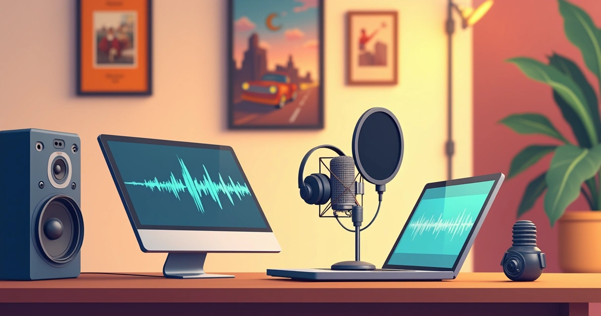 Microfone de podcast sobre cinema em cima de uma mesa de madeira.