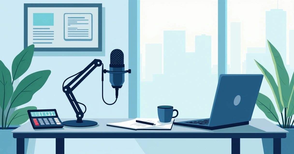 Microfone de podcast e laptop sobre mesa de escritório moderno de contabilidade 