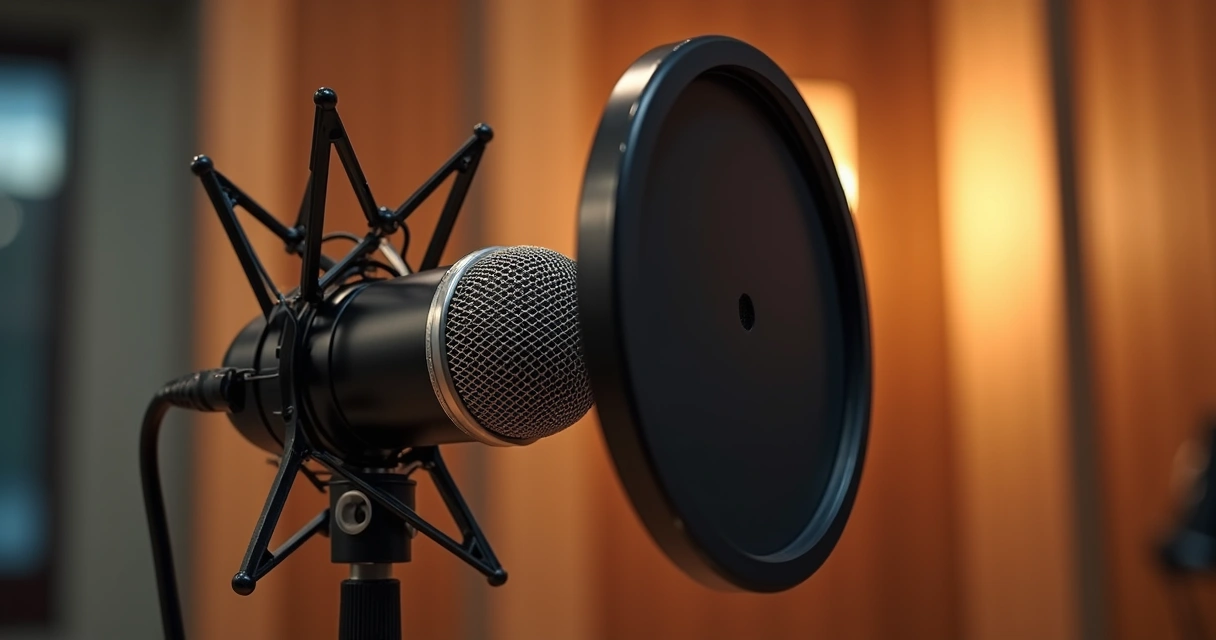 Microfone profissional de estúdio montado em suporte articulado no ambiente de gravação 