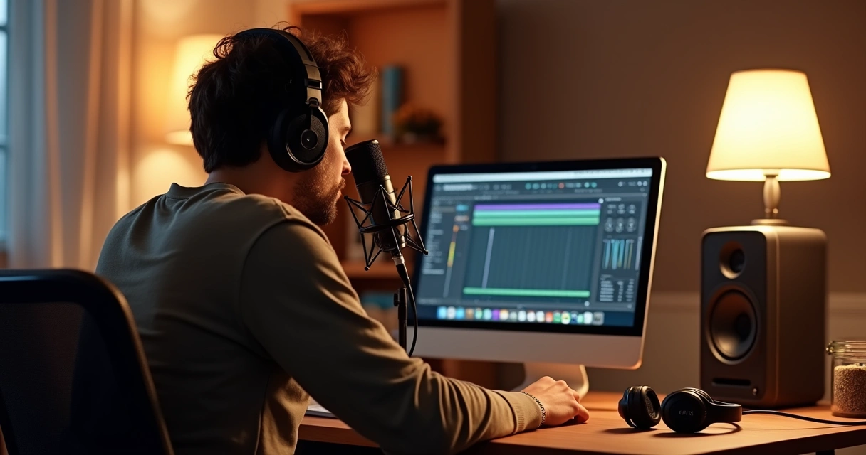 Pessoa usando microfone USB em home studio