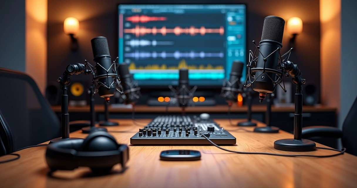 Estúdio de podcast com microfones condensadores e dinâmicos em suporte, mesa de mixagem e fones de ouvido 