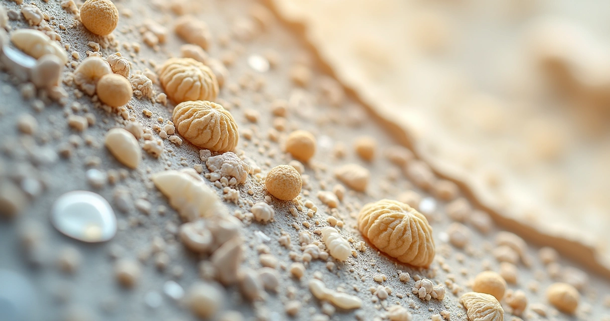 Estrutura microscópica de microfóssil em rocha clara 