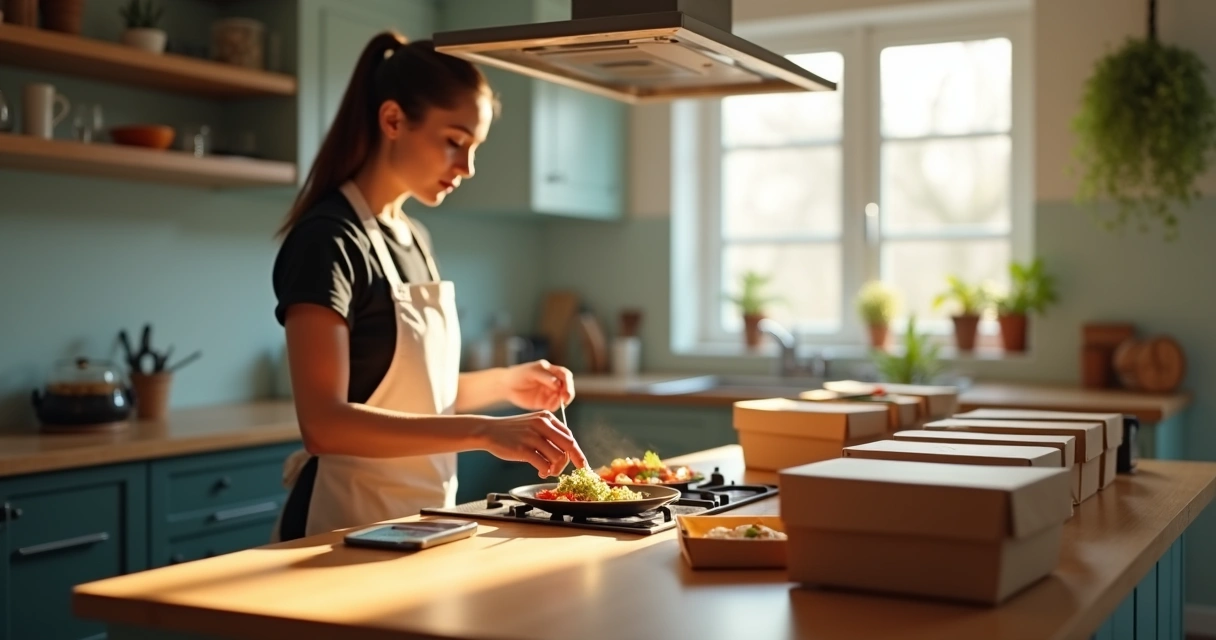 Cozinha pequena com pedidos de delivery organizados 
