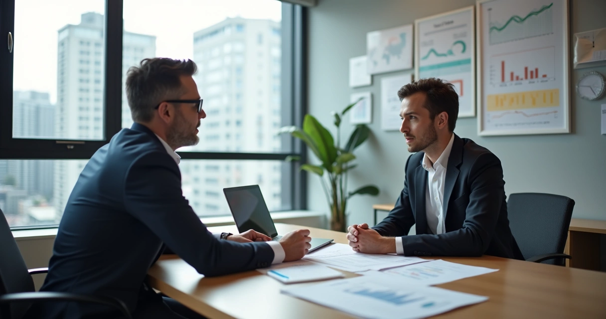 Pequeno empresário conversando sobre financiamento com gerente de banco. 