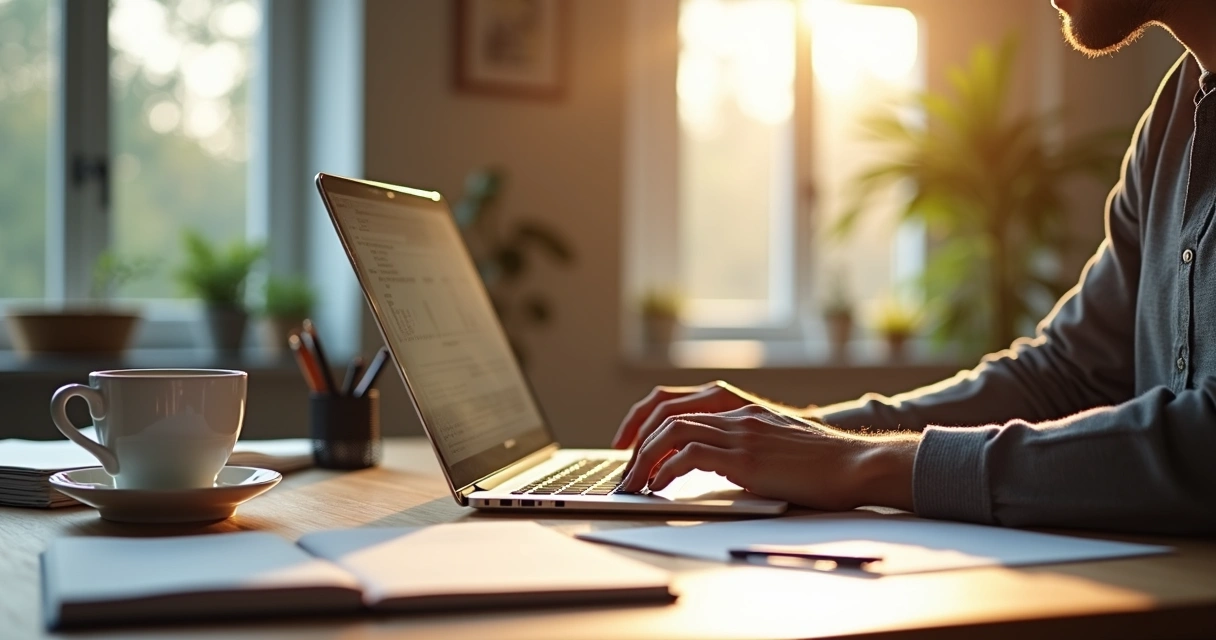 Pessoa trabalhando em home office com notebook em ambiente doméstico, café do lado e documentos organizados